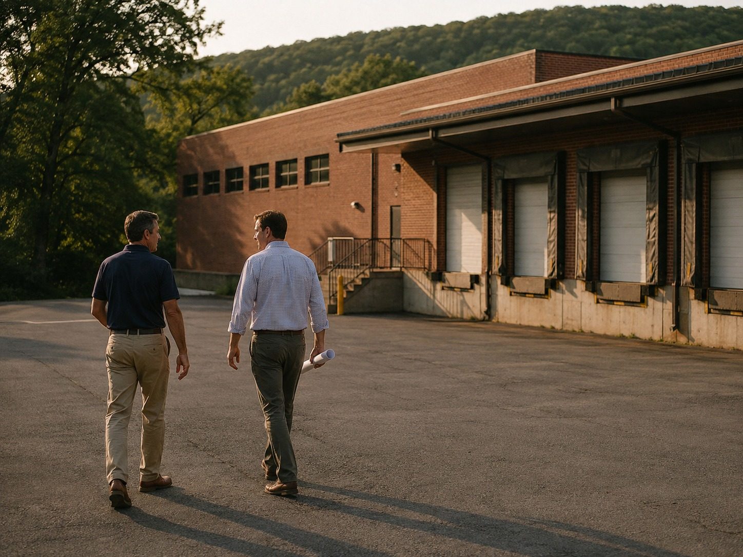 Two people walking outside a brick commercial building.