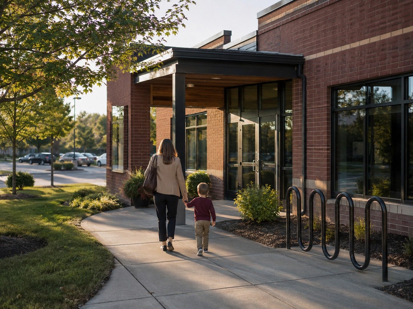 A parent and child arriving at an employer-sponsored childcare center.