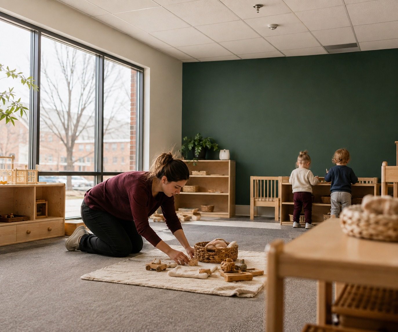 A caregiver kneeling beside a low mat in the infant room of an employer-sponsored center.
