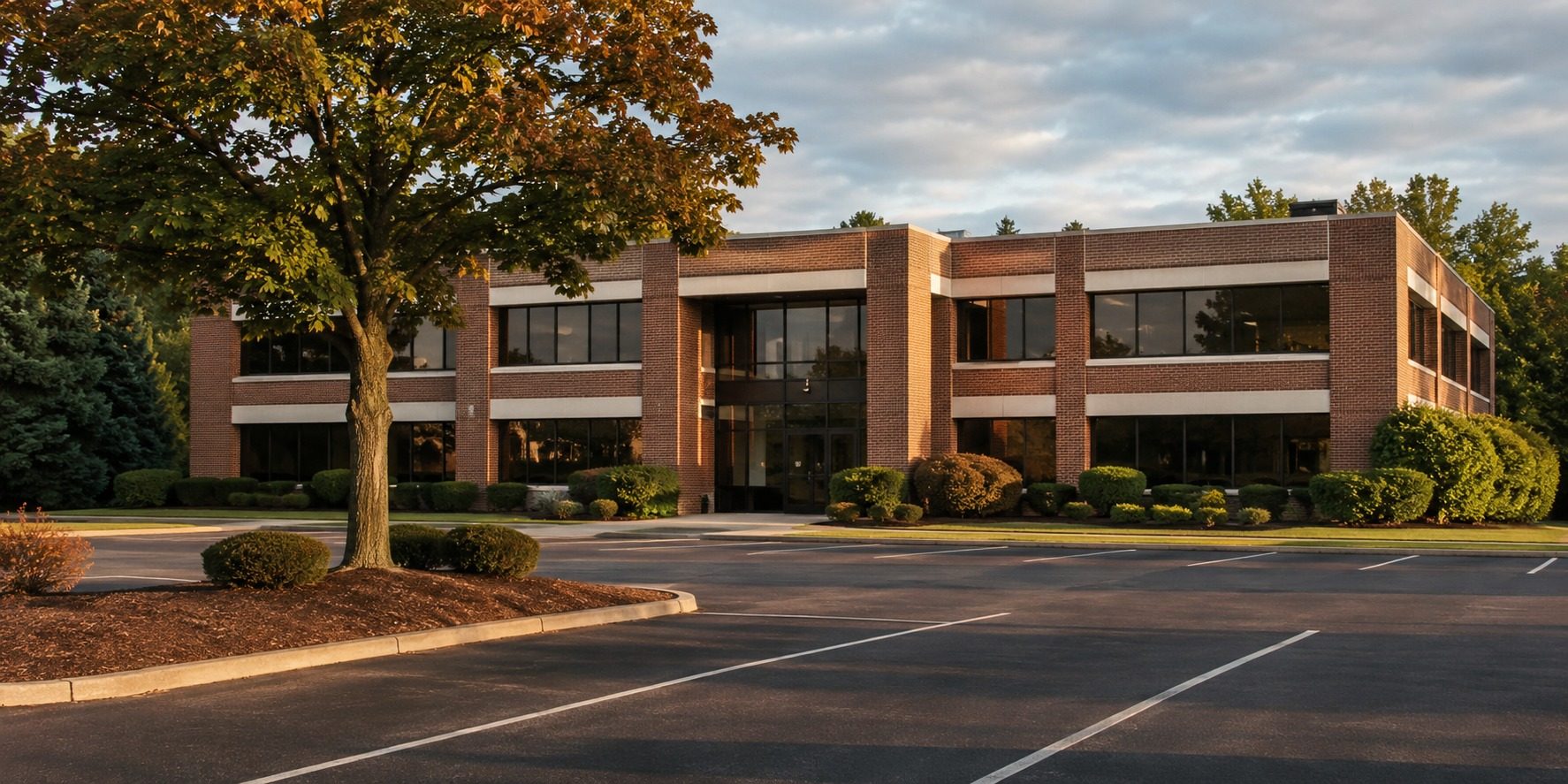 Exterior of a Route 22 corridor office building seen from the parking approach.